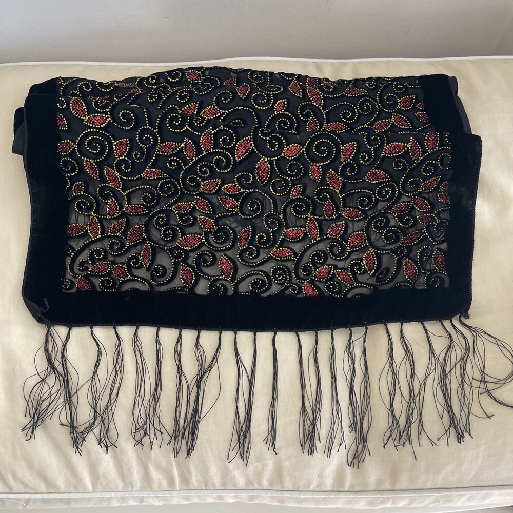 Imago Shawl Scarf Silk Blend 63x20" Paisley Rectangle Burnout Velvet Black Gold